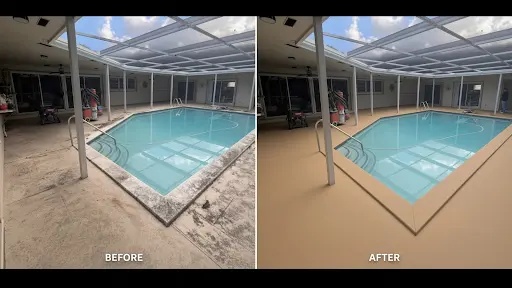 Before and after: a stained, weathered screened pool deck in Lutz, FL resurfaced with a tan cool-touch acrylic finish