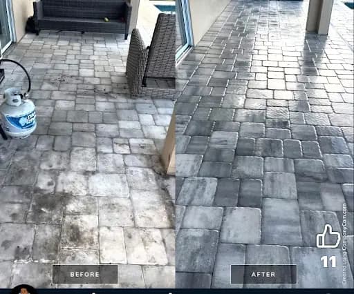 Before and after: gray interlocking pavers on a Florida patio cleaned, re-sanded, and sealed